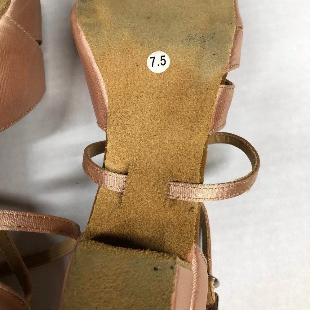 Dance Shoes 7.5 Nude Satin Sandals Rhinestone Buckles 1.5 inch heels Beige Danza - Picture 7 of 9